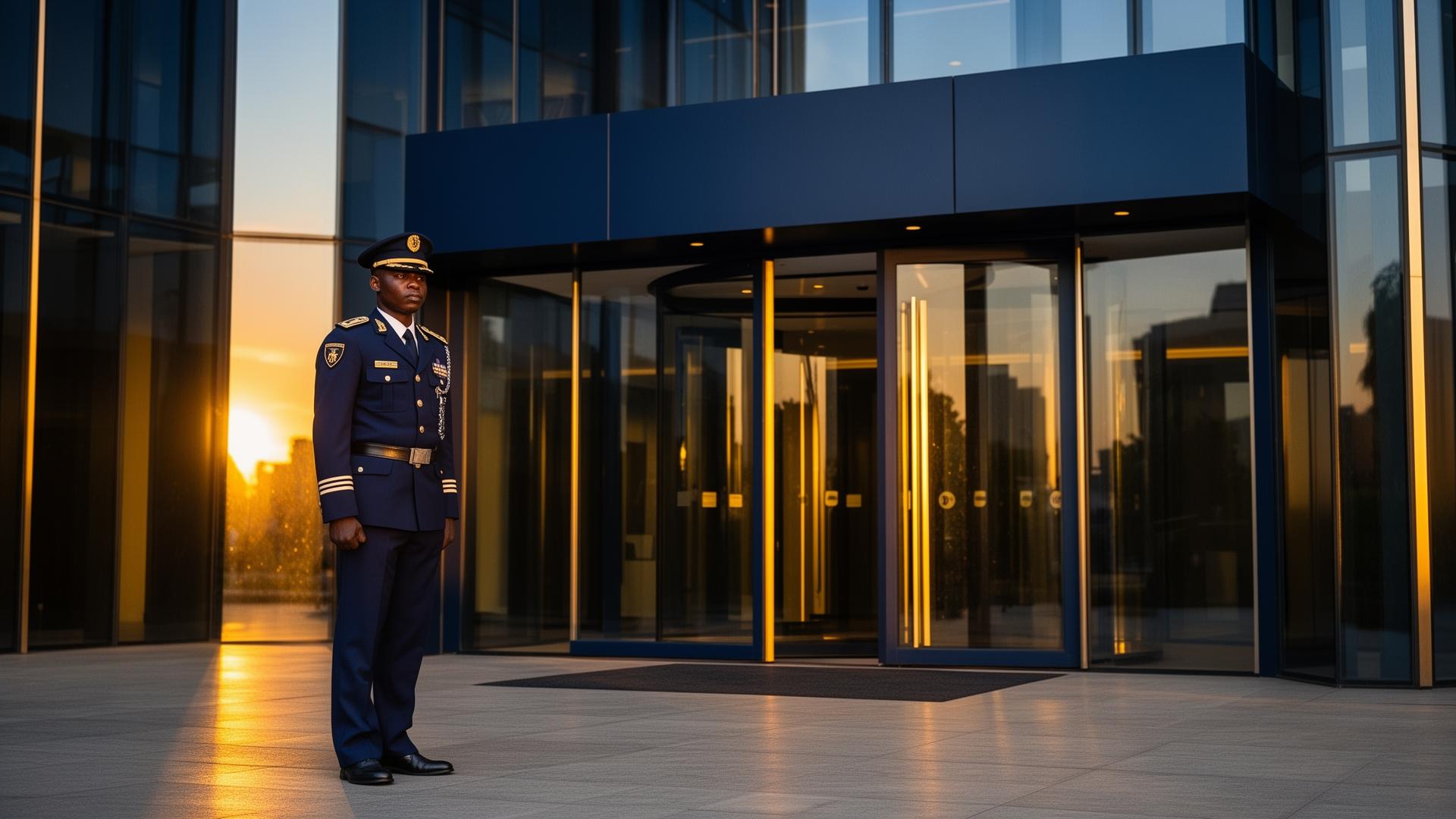 Security officer at a corporate building entrance